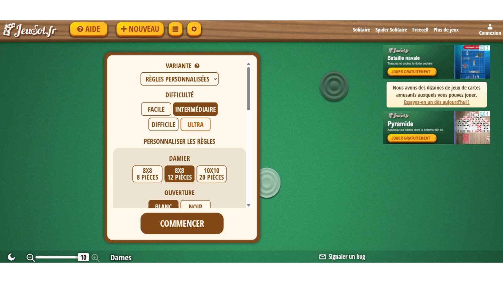Dames Gratuit vous permet de jouer aux dames en ligne depuis votre navigateur, avec un plateau virtuel, des pions et des parties qui reposent sur les règles classiques du jeu. © Unwind Media