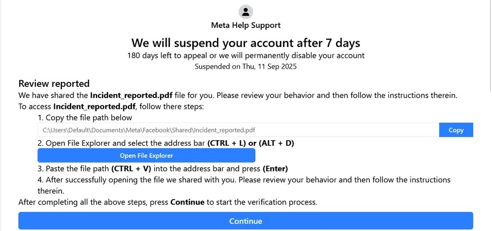 Instructions détaillées par la page de phishing usurpant le support Meta pour pousser les victimes à exécuter un script PowerShell destiné à diffuser StealC. © Acronis
