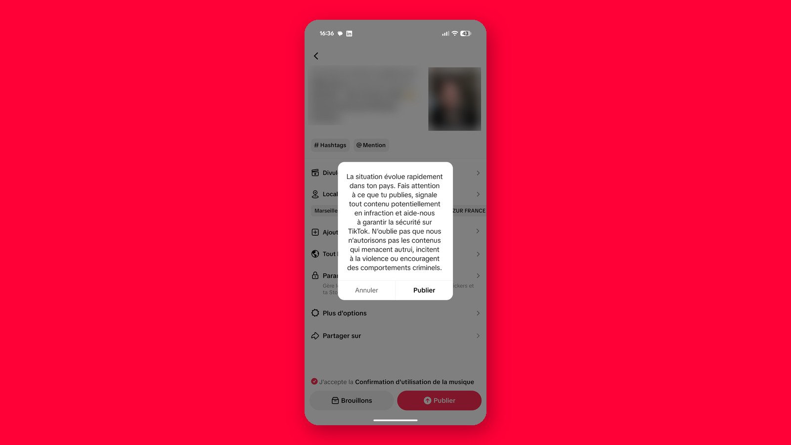 Voici le message d’avertissement affiché par TikTok au moment de publier une vidéo en France, ce mercredi 28 octobre 2026. © Alexandre Boero / Clubic