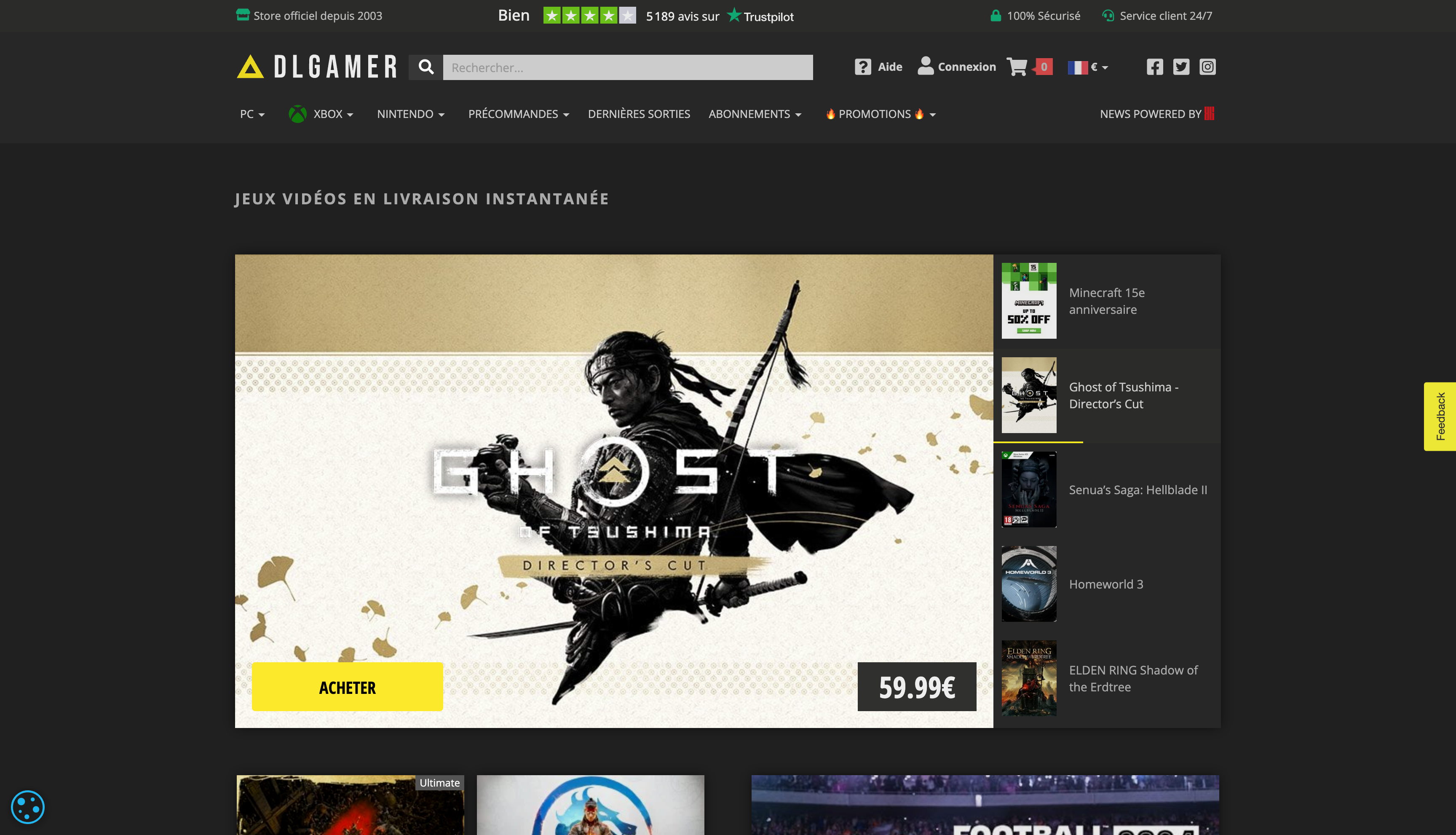 Interface d'accueil présentant les jeux en livraison instantanée et les offres de précommande.