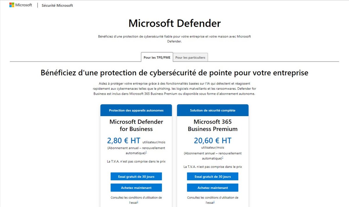 Offre payante Windows Defender pour les professionnels, avec abonnement