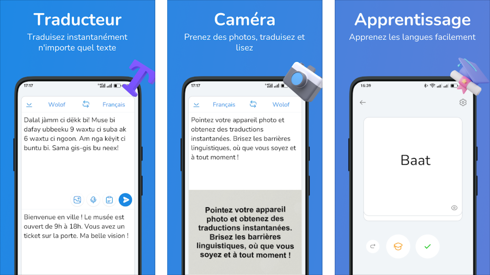 Ce traducteur français-wolof permet de traduire instantanément vos textes, d’utiliser la caméra pour lire et comprendre des contenus en temps réel, et de progresser grâce à un module d’apprentissage intégré. © AI-translators