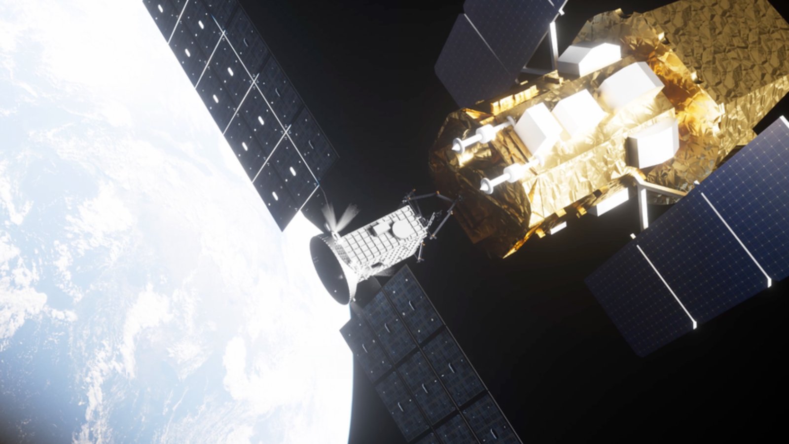 Illustration du vaisseau Link à gauche aux côtés du télescope Swift à droite. ©NASA