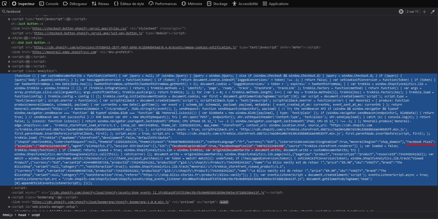 Intégration du pixel Meta dans l'en-tête d'un site web. © Clubic