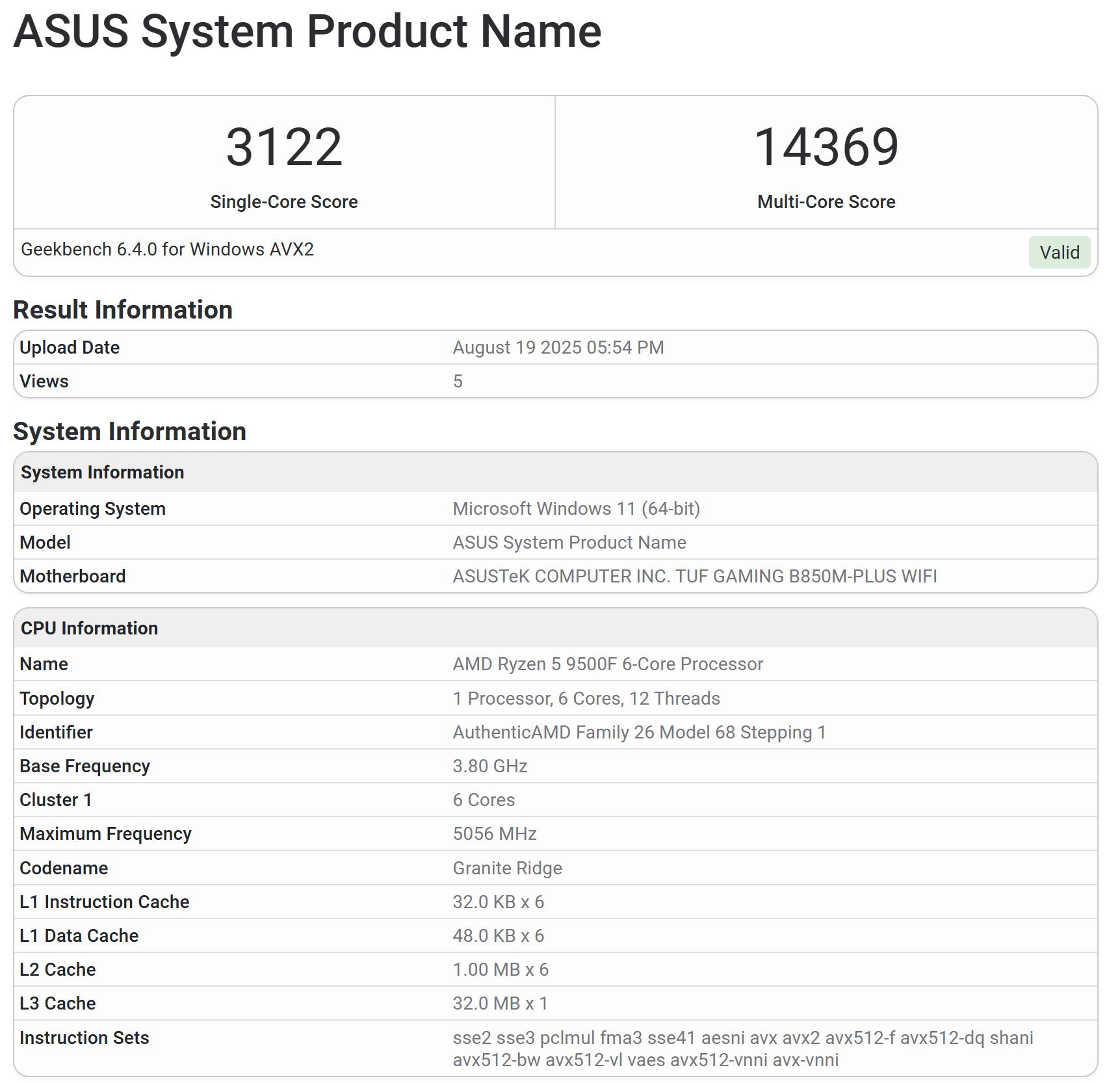 Le Ryzen 5 9500F aperçu dans la base de données Geekbench. ©VideoCardz