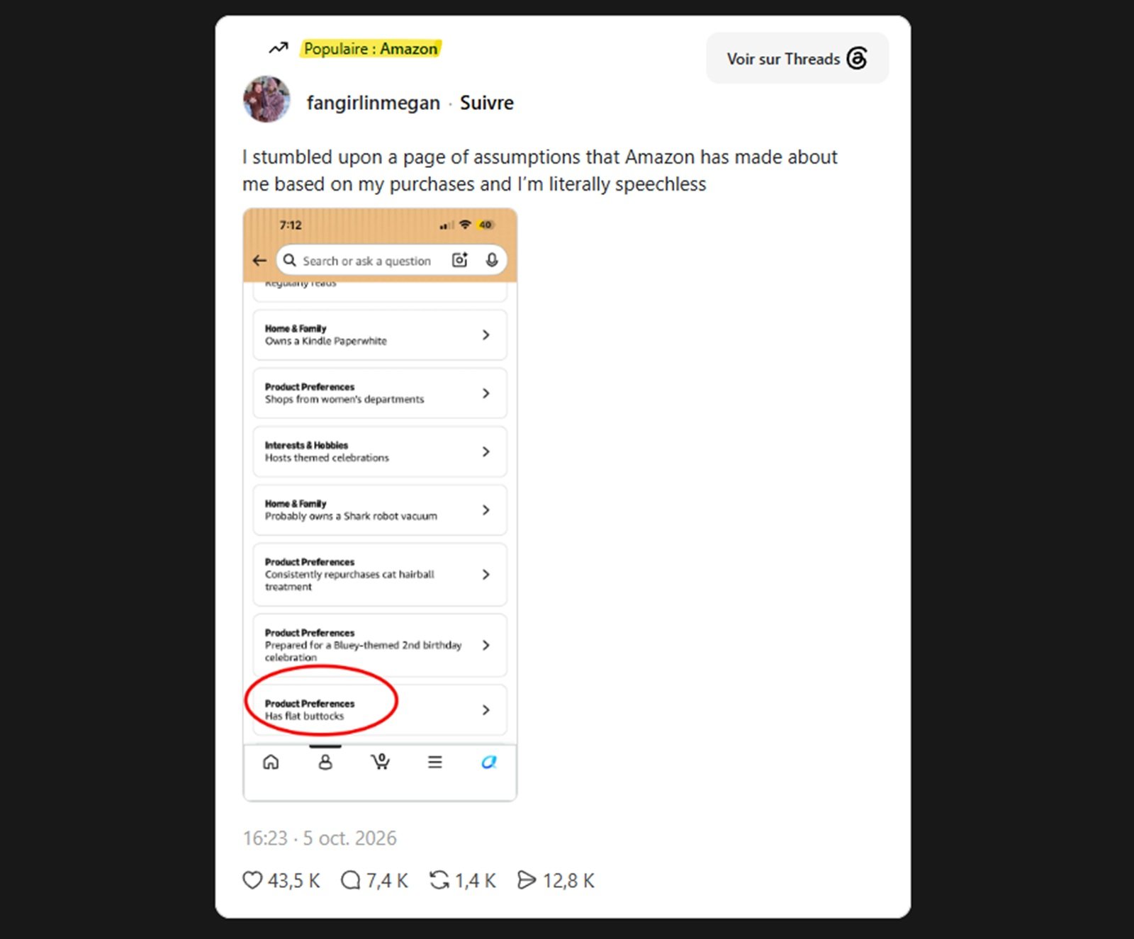 Dans sa fiche "About you", cette cliente apprend qu'elle a les fesses plates, selon Amazon - ©Capture d’écran Business Insider / Mélina LOUPIA pour Clubic