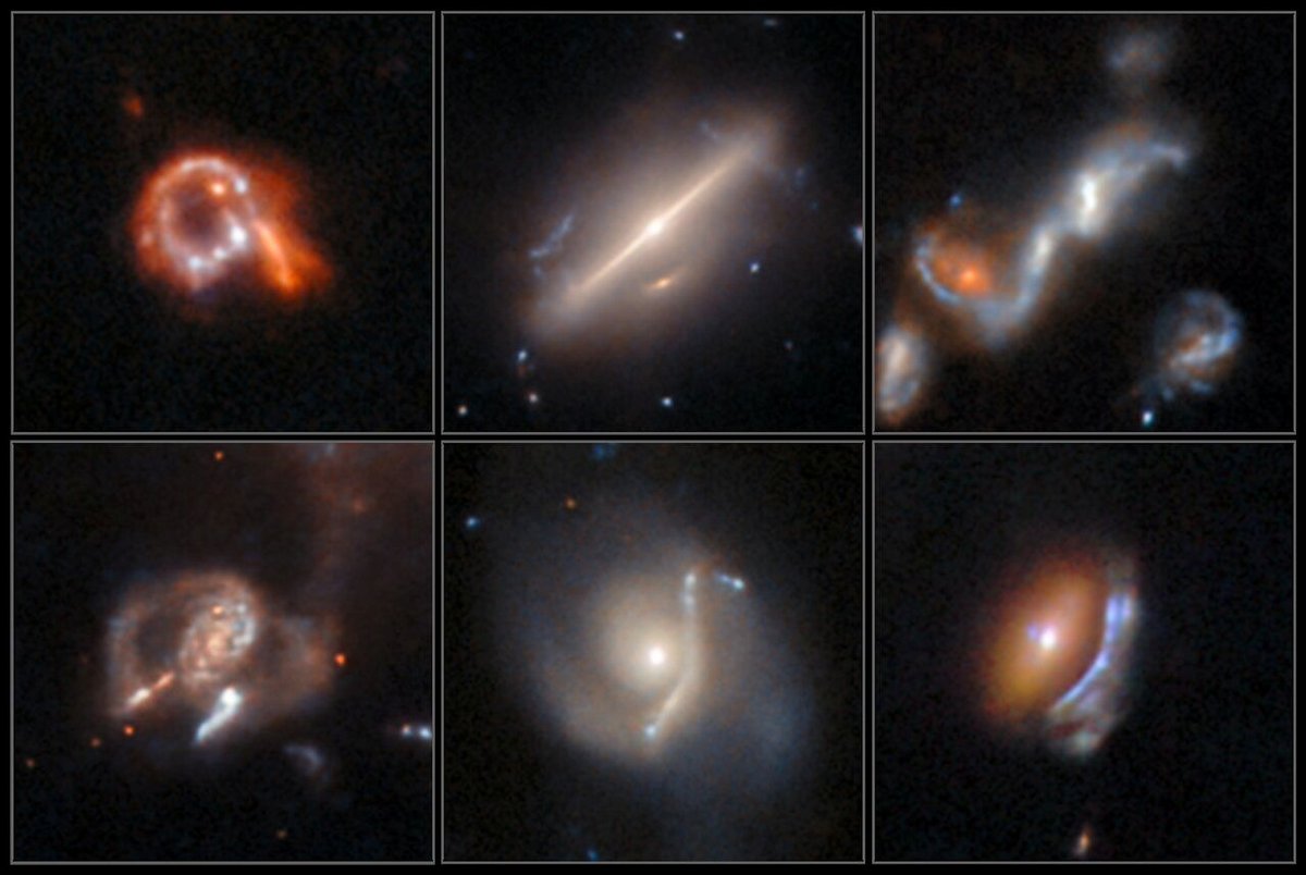 Un collage de six images montrant différents types d'objets astrophysiques « anormaux ». Il s'agit de galaxies aux formes inhabituelles, parmi lesquelles une galaxie annulaire, une galaxie bipolaire, un groupe de galaxies en fusion et trois galaxies présentant des arcs déformés par effet de lentille gravitationnelle - ©ESA/Hubble & NASA, D. O'Ryan, P. Gómez (Agence spatiale européenne), M. Zamani (ESA/Hubble)