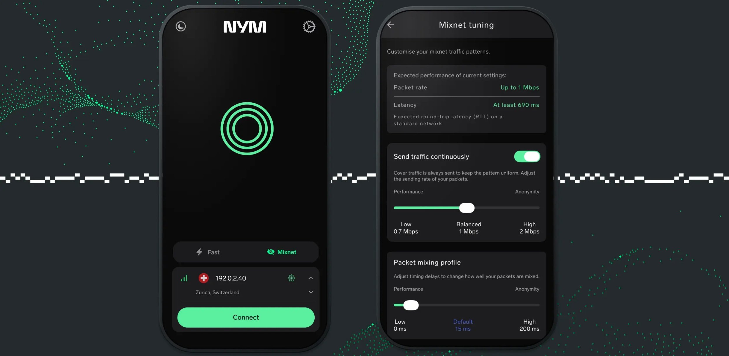 Mixnet Tuning permet d’ajuster le délai appliqué aux paquets et la densité du trafic de couverture directement depuis l’application NymVPN. © NymVPN