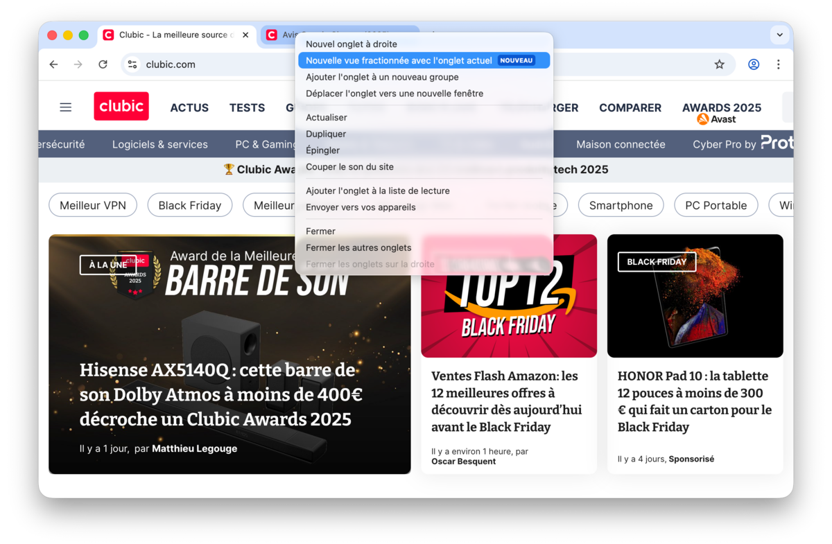 Google Chrome vue fractionnée split view