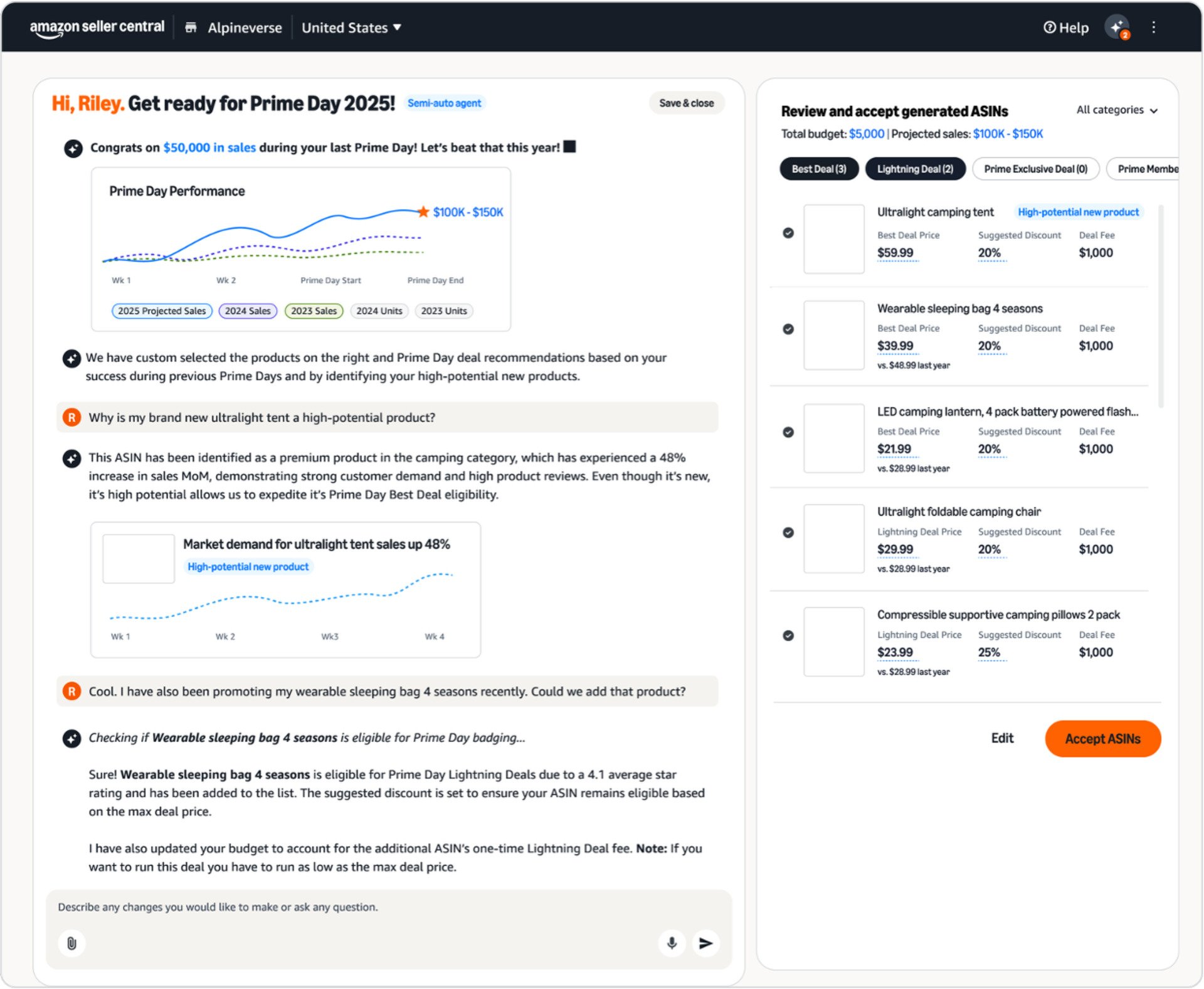 On voit ici le Seller Assistant d'Amazon en action : l'IA agentique analyse les performances, recommande des produits Prime Day et optimise automatiquement les budgets publicitaires pour ce vendeur © Amazon
