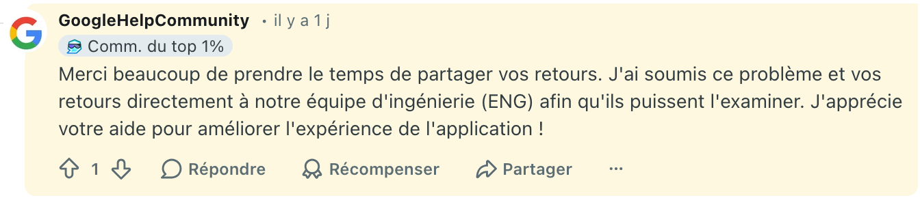 Google a d'ores et déjà mis ses équipes sur un correctif. ©Support Google / Reddit