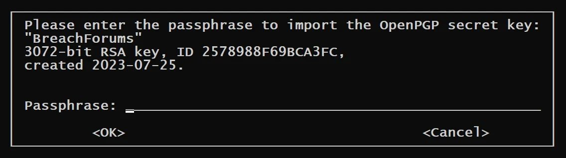 En plus de la base utilisateurs de BreachForums, l'archive leakée contient une clé PGP destinée à signer les messages des admins du forum... et le mot de passe qui permet de l'utiliser. © BleepingComputer