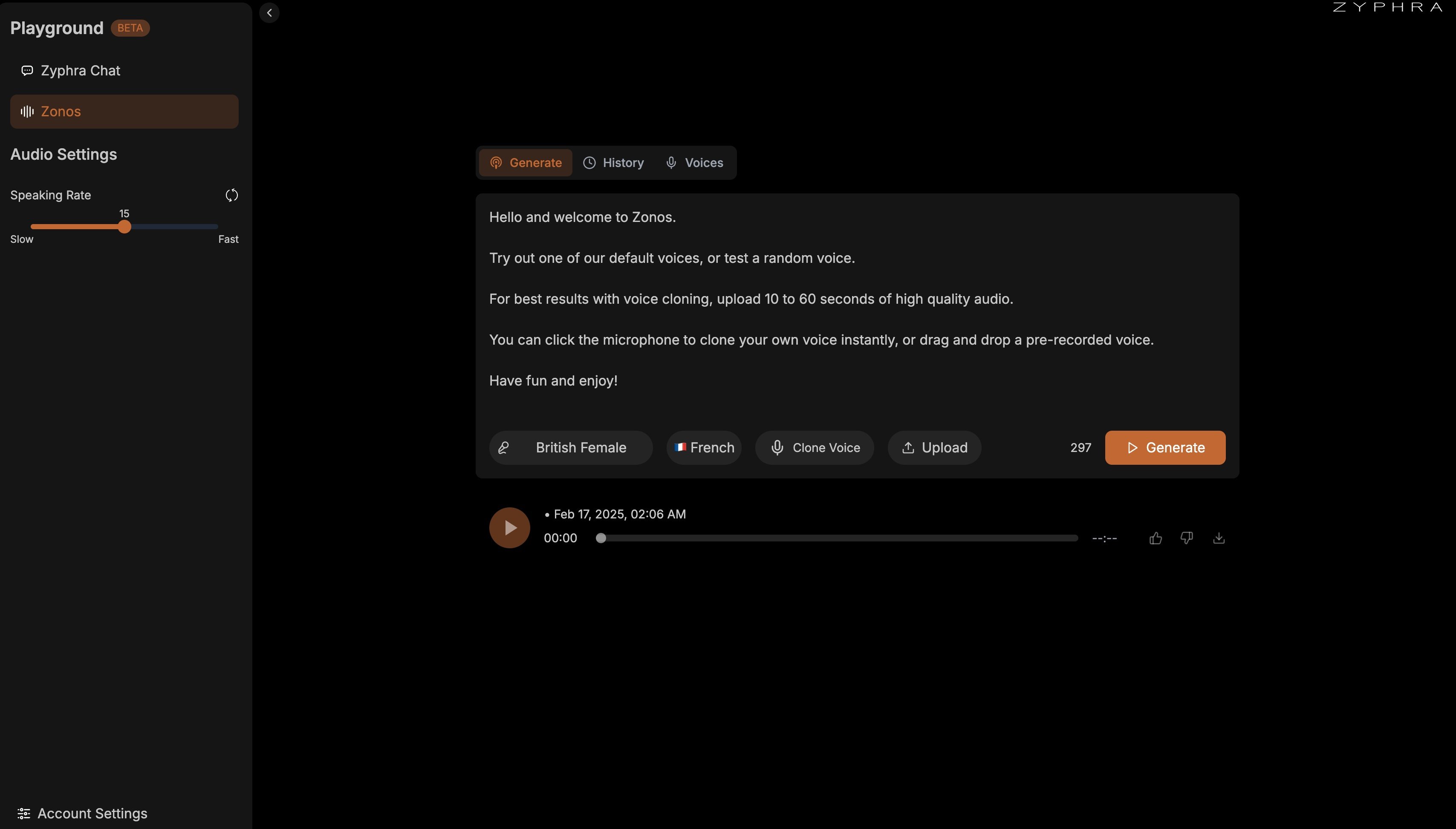 Si vous ne souhaitez vous embêter avec un déploiement local, Zonos est accessible depuis le playground de Zyphra. © Zyphra
