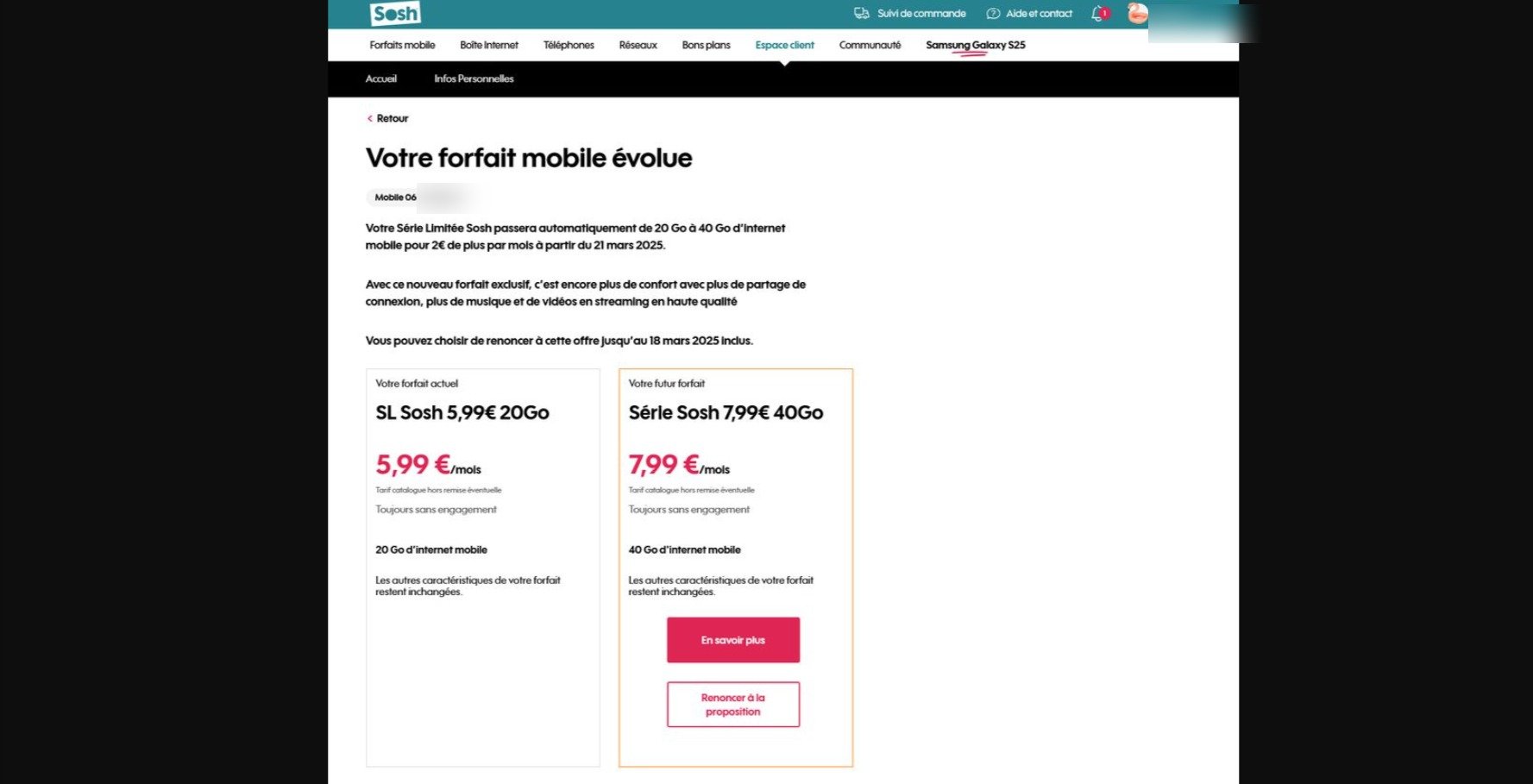 Sosh propose aux abonnés de renoncer à l'augmentation © Capture d'écran Clubic, image postée par Romain Heuillard sur Bluesky