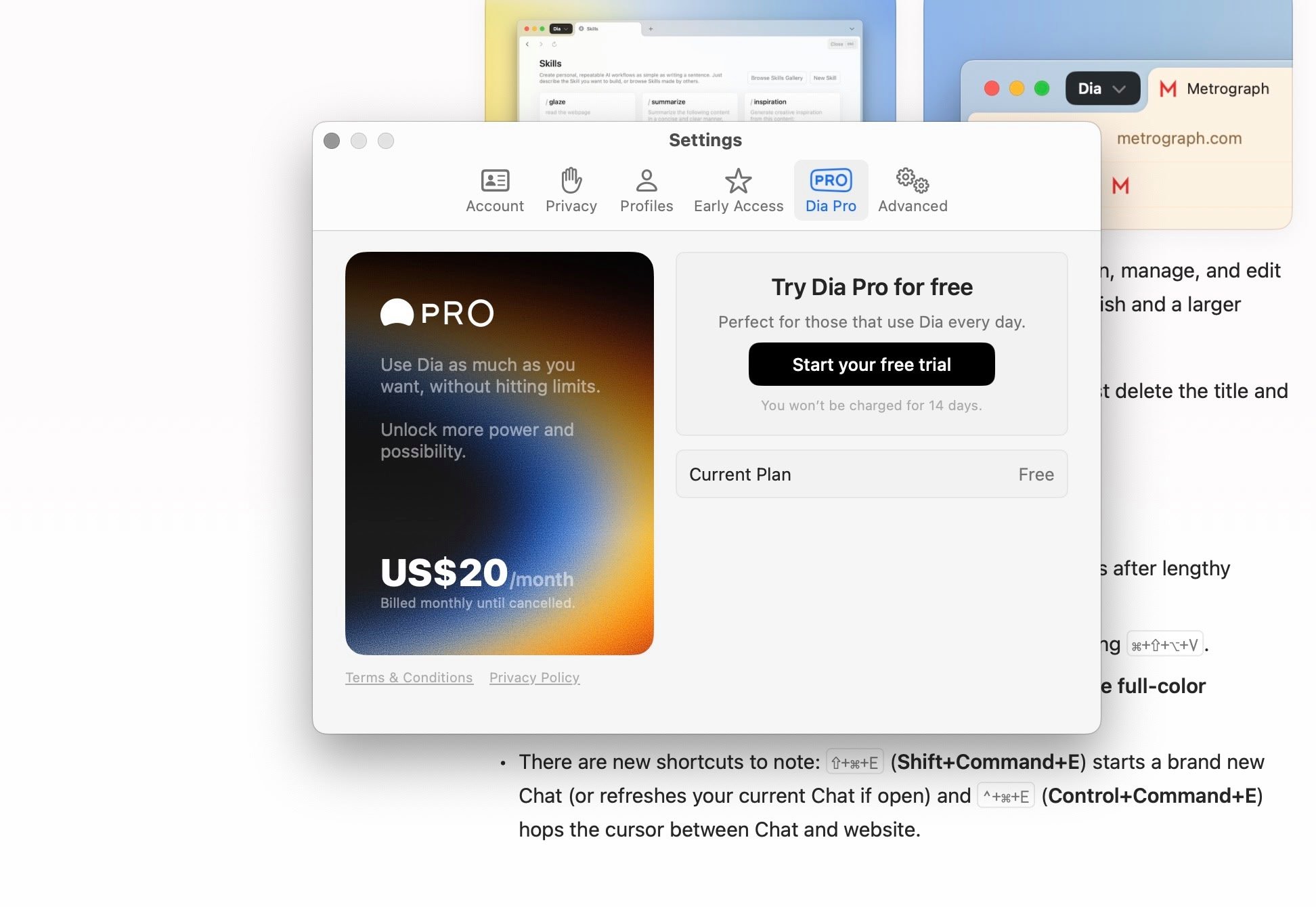 Caché dans les paramètres de Dia, l'abonnement Pro vient palier au coût massif de l'utilisation des IA d'OpenAI et d'autres grands noms. © Naïm BADA pour Clubic