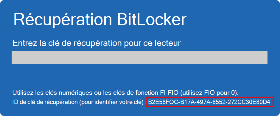 Repérez et notez l'ID de récupération de la clé BitLocker. © Microsoft