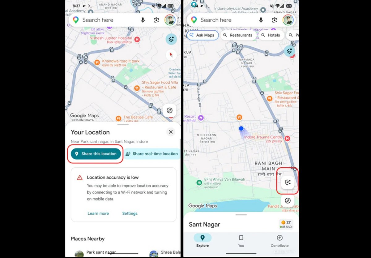 À gauche l'ancien bouton de partage de position dans Google Maps, à droite, le nouveau - Capture d'écran ©Android Authority / Clubic