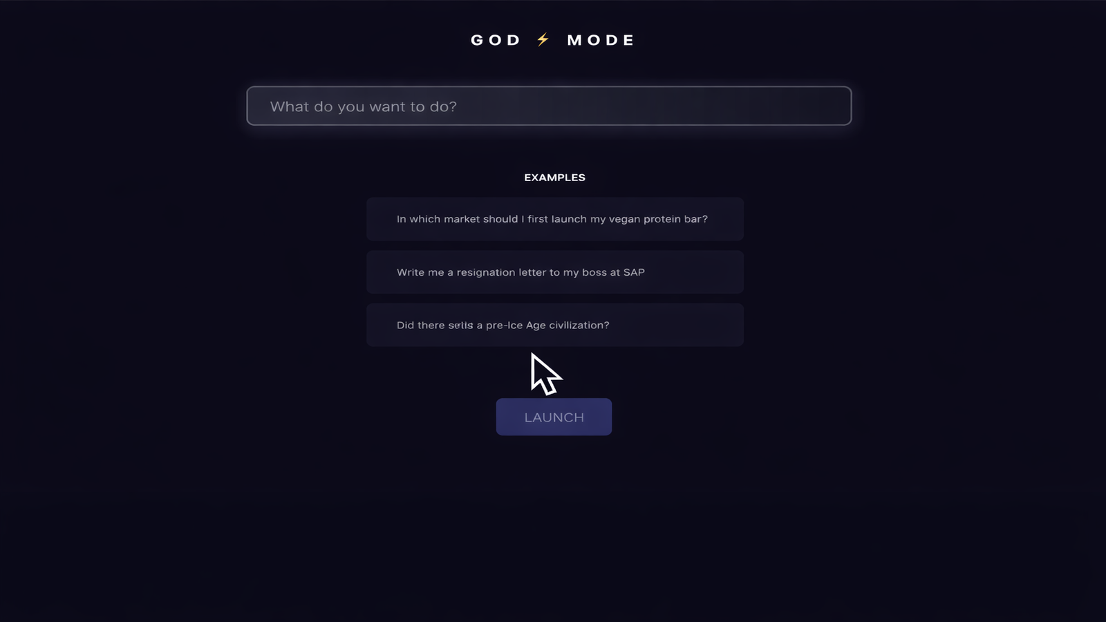 Godmode permet de lancer un agent IA à partir d’une consigne libre, avec une interface épurée centrée sur les tâches à automatiser. © Godmode