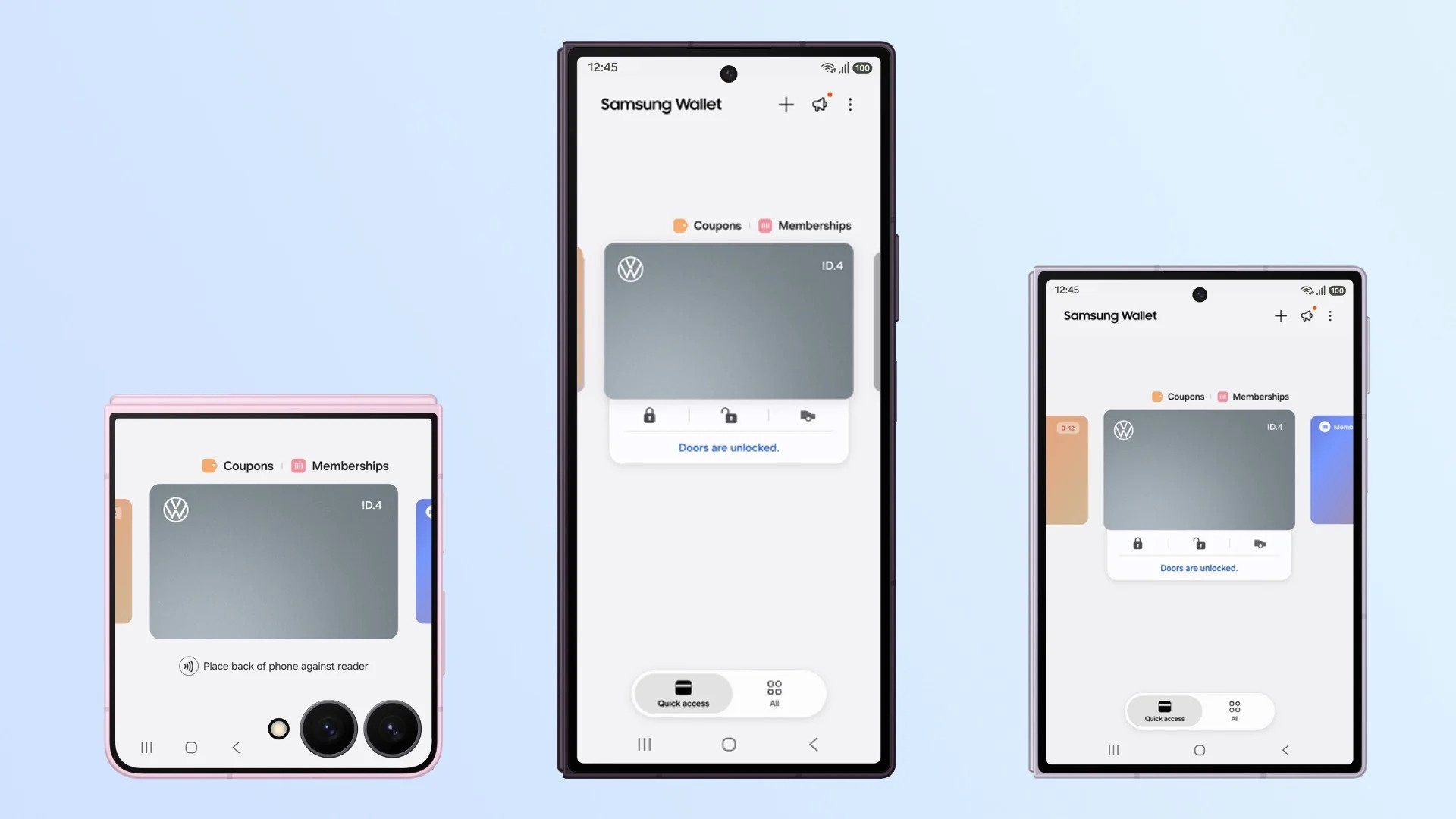 Directement intégré dans Samsung Wallet, la clé numérique permettra d'ouvrir certains modèles de Volkswagen. ©Samsung