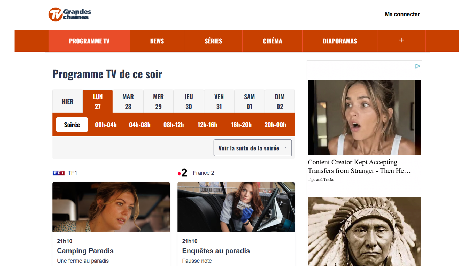 CesoirTV rassemble les programmes des principales chaînes françaises avec les horaires de diffusion et les résumés des émissions pour vous aider à choisir quoi regarder. © Prisma Media