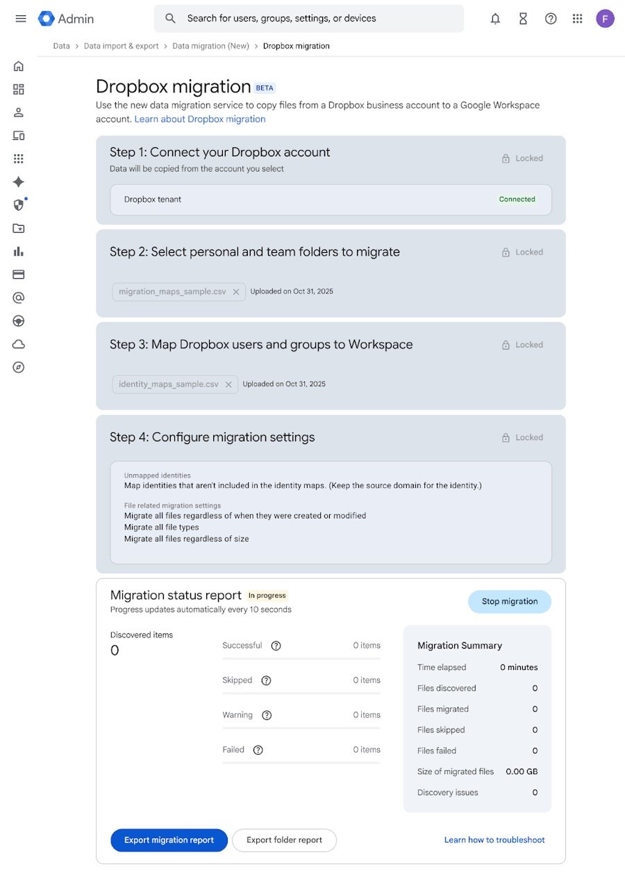 Un processus de migration simplifié pour vos données Dropbox. ©Google