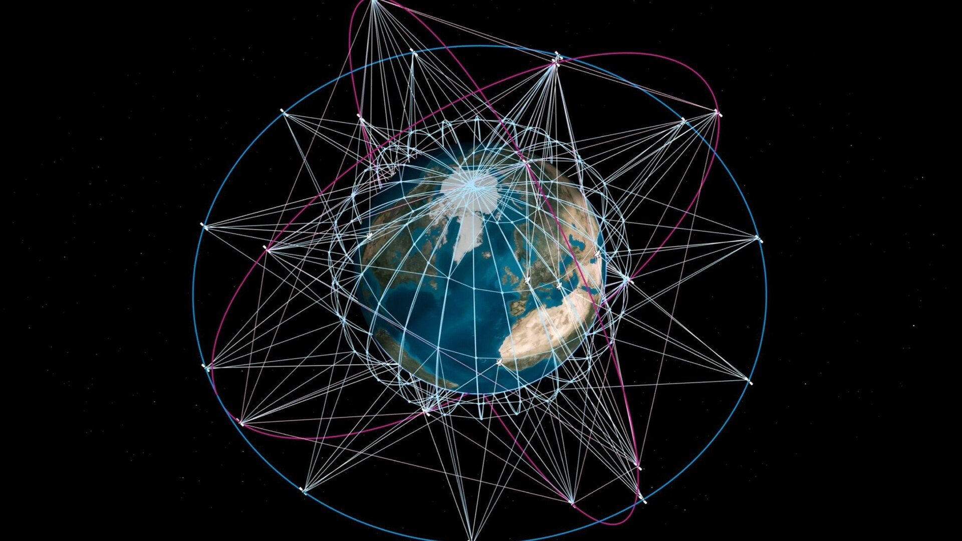 Vue d'artiste de la future constellation IRIS², dont les satellites en orbite basse et moyenne communiqueront entre eux via des liaisons laser pour garantir une connectivité sécurisée et permanente. © Thales Alenia Space
