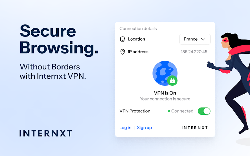 Connexion sécurisée activée dans Internxt VPN avec affichage de l’adresse IP et du serveur sélectionné, illustrant une navigation protégée en un clic. © Internxt