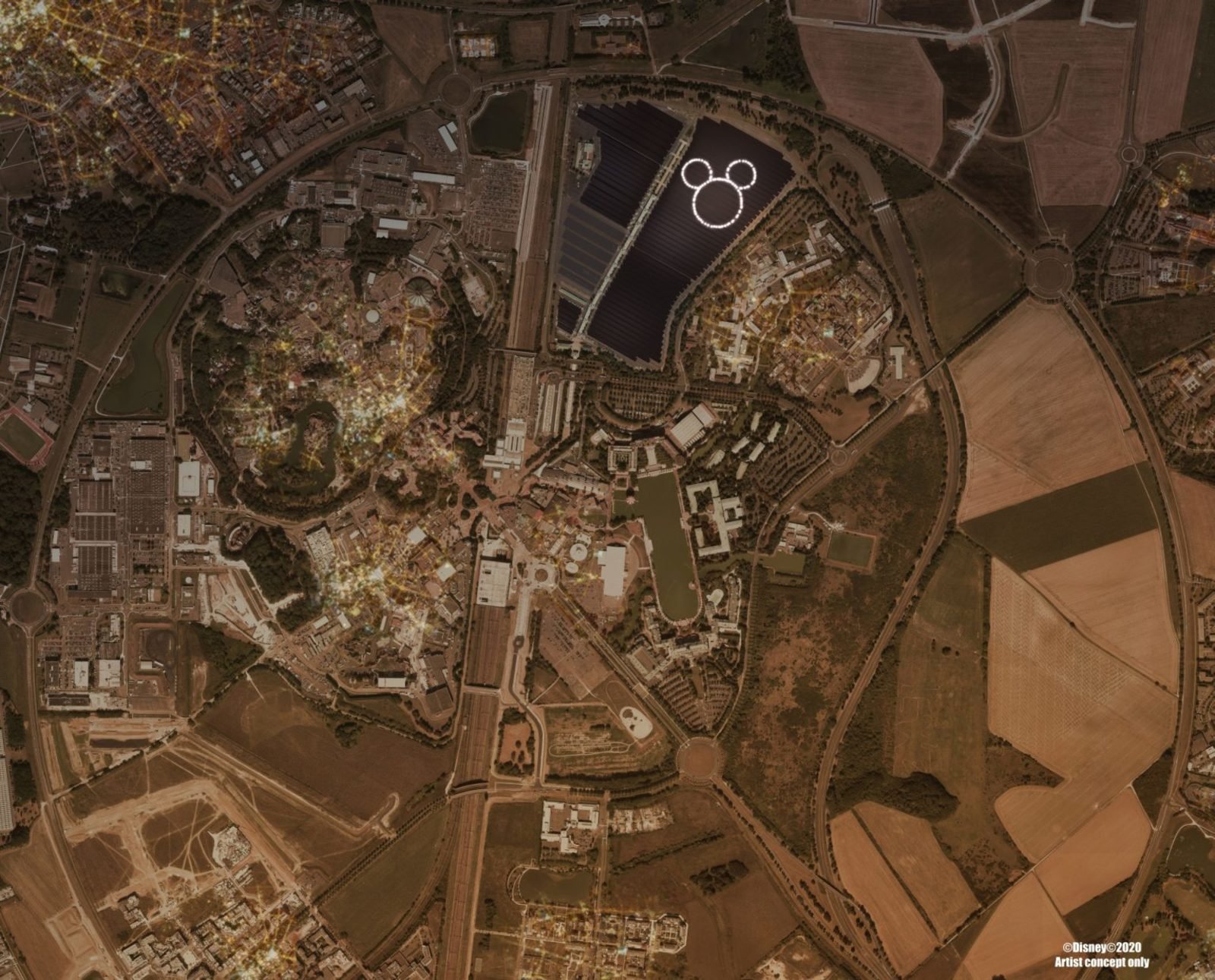 L'installation sera visible depuis le ciel, grâce à la tête de Mickey qui apparaîtra au milieu des panneaux (© Disney - Concept art)