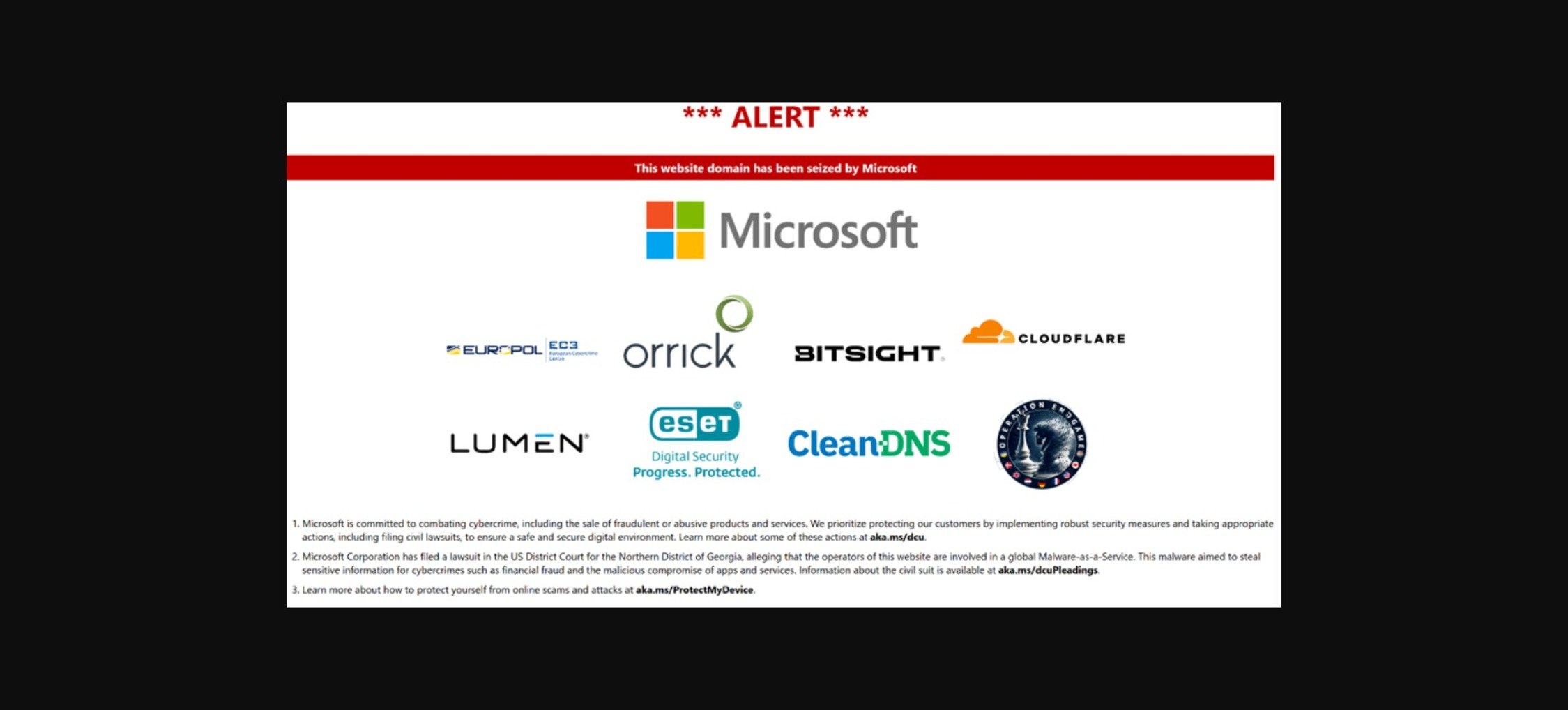 Voici la d'accueil affichée sur plus de 900 domaines saisis par Microsoft. On y retrouve le nom des autres acteurs qui ont participé au démantèlement, comme ESET et Cloudflare.