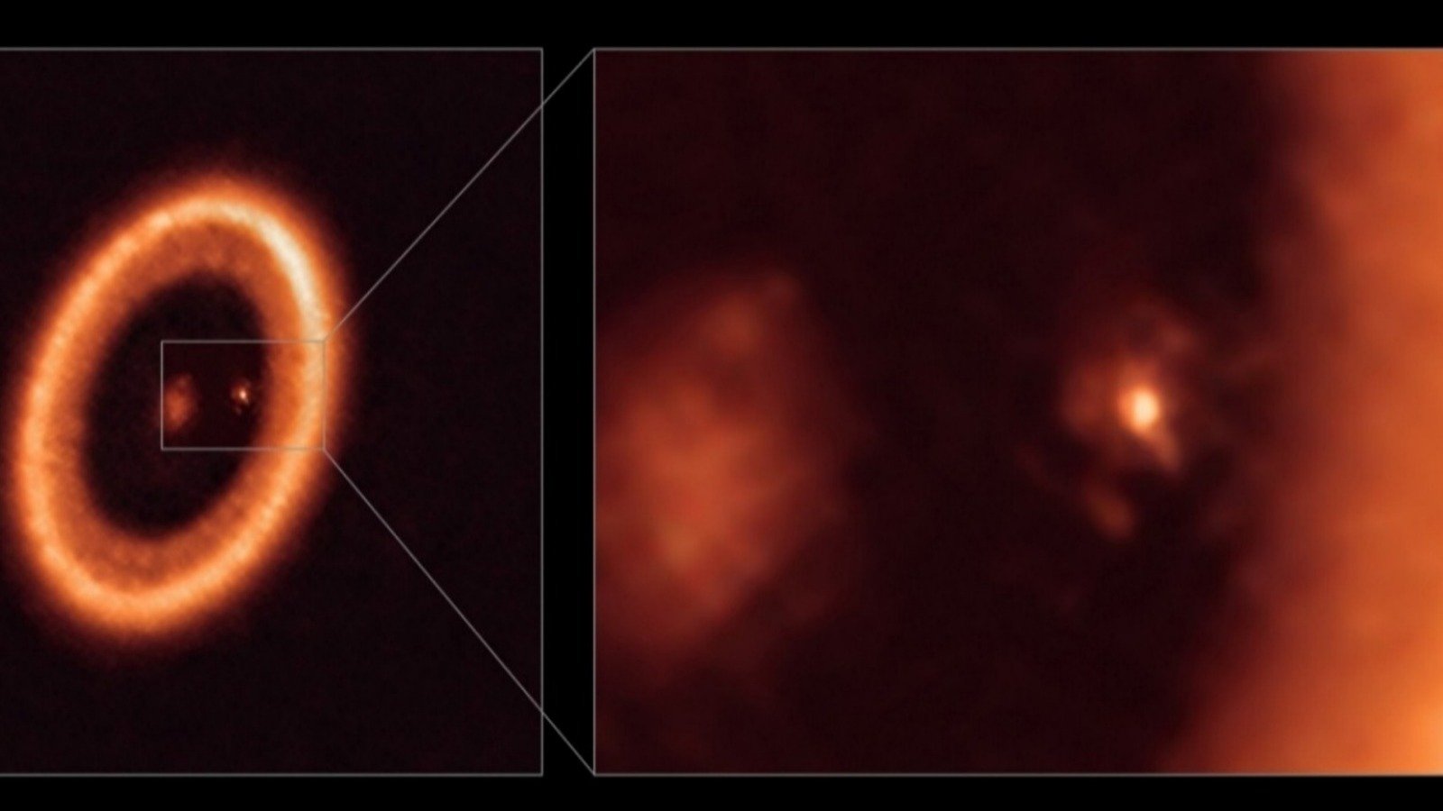 Deux planètes géantes, PDS 70 b et PDS 70 c, orbitent autour de cette étoile, photographiées pour la première fois en 2018 par le Very Large Telescope de l'Observatoire européen austral - ©ALMA (ESO/NAOJ/NRAO)/Benisty et al.