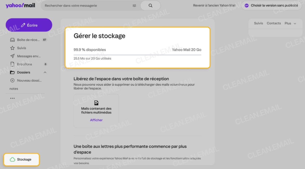 Yahoo Mail était déjà passé à 20 Go pour certains utilisateurs en juillet dernier ©clean.email