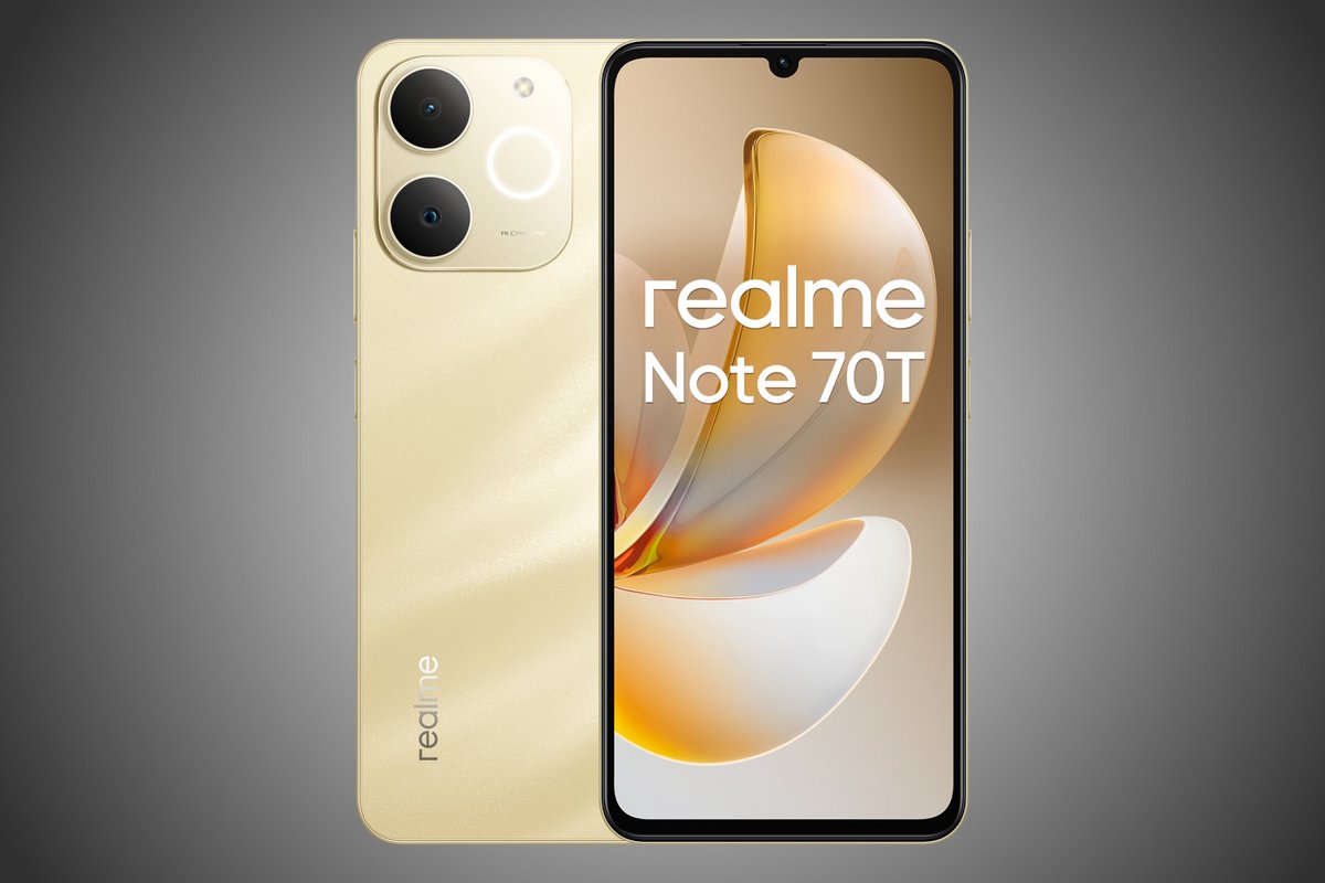 Le Realme Note 70T dans sa couleur "Or Plage". ©Realme