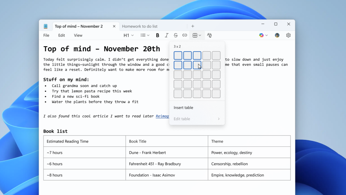De l’éditeur minimaliste à celui qui structure vos idées, le Bloc-notes de Windows 11 poursuit sa mue. © Microsoft