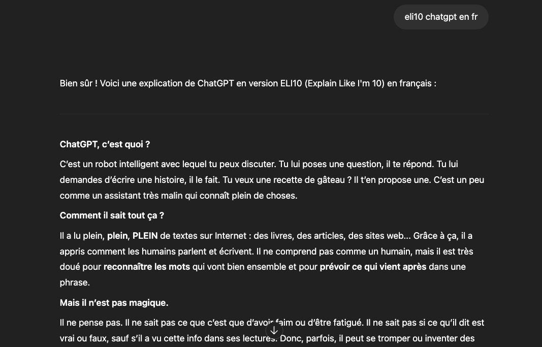 Un acronyme, une explication détaillée pour un enfant de 10 ans (ici avec la précision "en fr" pour obtenir une réponse en langue de Molière). © Clubic