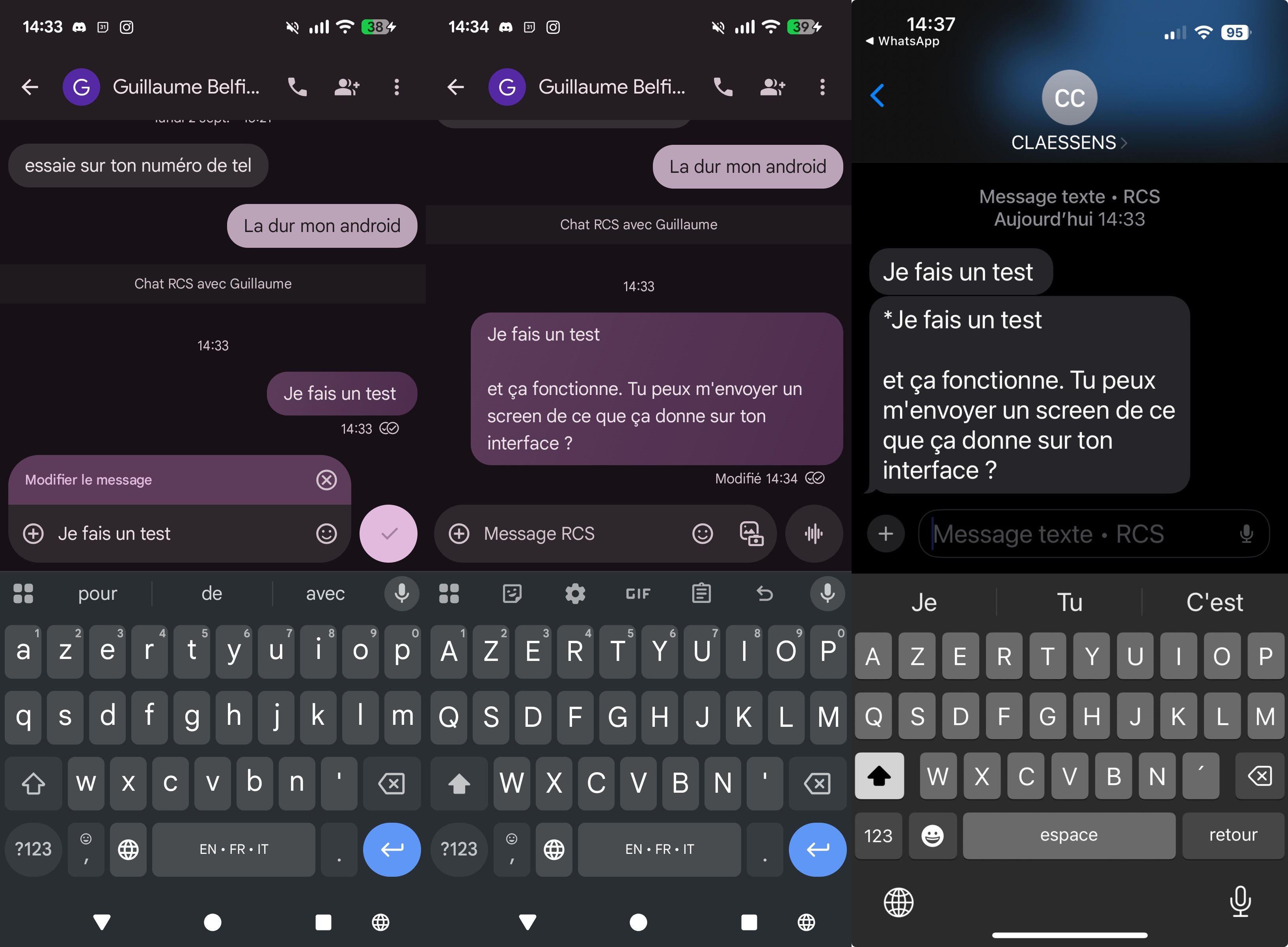 Sur Android, l'édition des messages RCS envoyé vers un iPhone fonctionne parfaitement. En revanche, sur iOS, l'affichage de la modification laisse à désirer. © Clubic