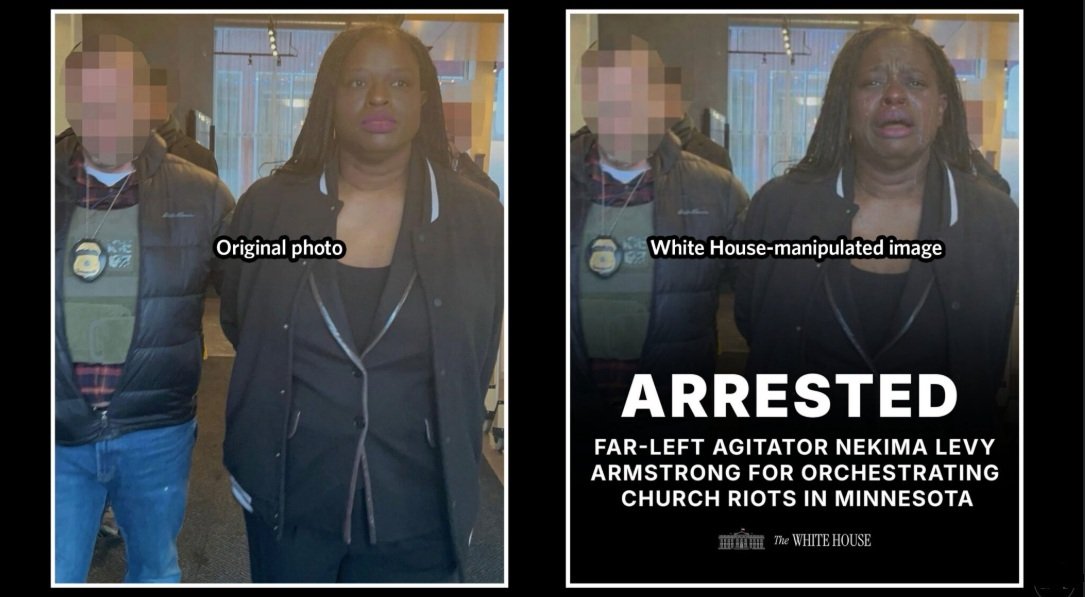 Nekima Levy Armstrong publiée par la secrétaire à la Sécurité intérieure, Kristi Noem (photo de gauche). À droite, une version retouchée numériquement et publiée par la Maison-Blanche.- Capture d'écran ©Ars technica / Mélina Loupia pour Clubic