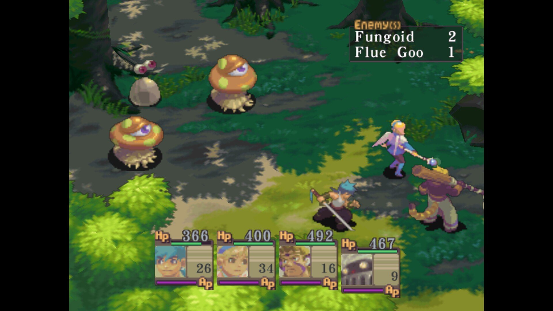 Breath of Fire IV propose des combats au tour par tour dans lesquels les personnages utilisent leurs armes, leurs compétences et leurs pouvoirs magiques pour affronter les ennemis. Le jeu mêle personnages en 2D et environnements en 3D isométrique. © Capcom