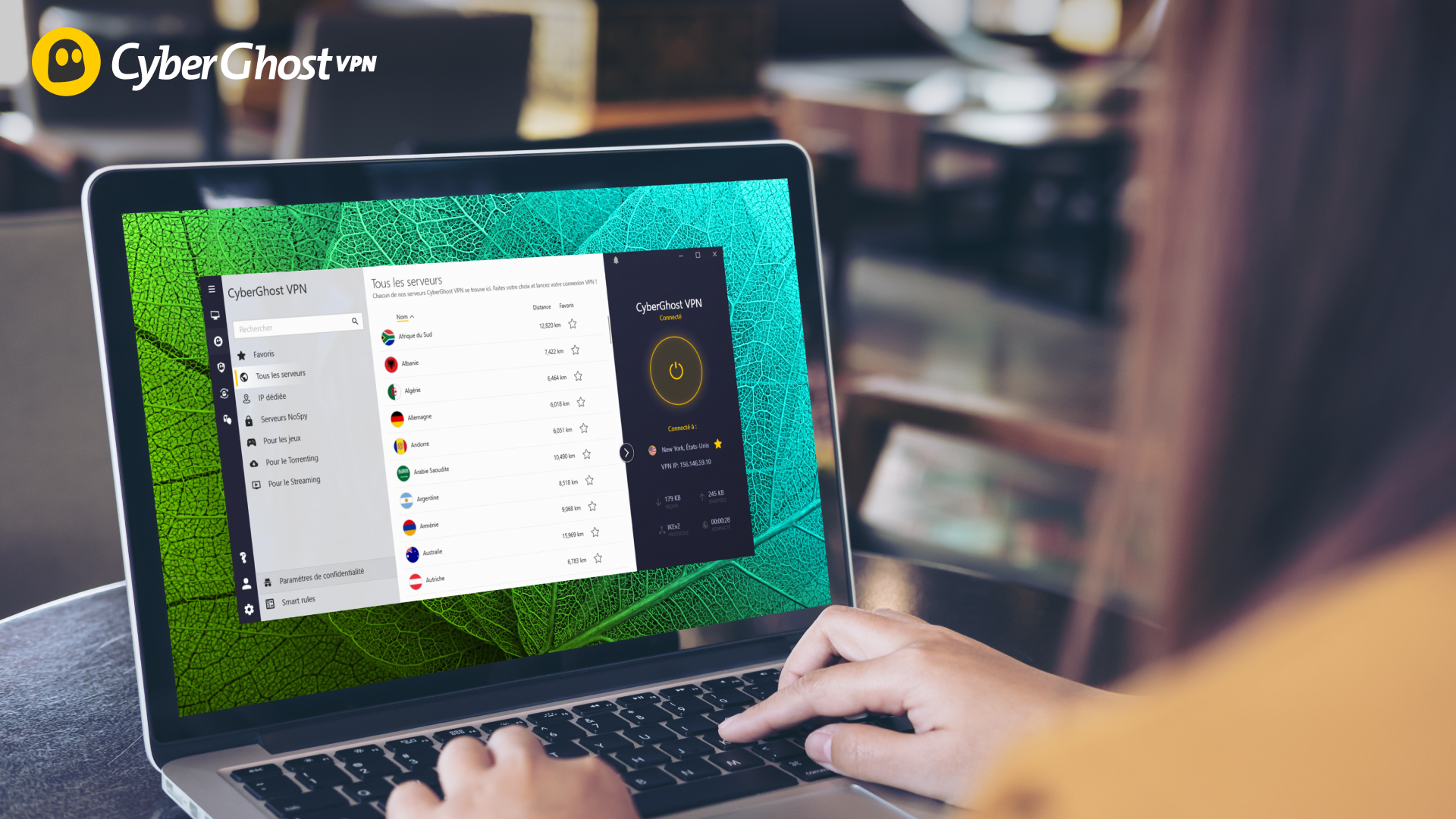 Pour une confidentialité optimale, choisissez l'un des 128 serveurs NoSpy de CyberGhost.