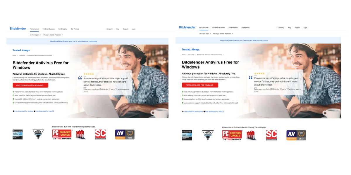 A gauche, l'usurpateur ; à droite, le vrai site de Bitdefender. © DomainTools