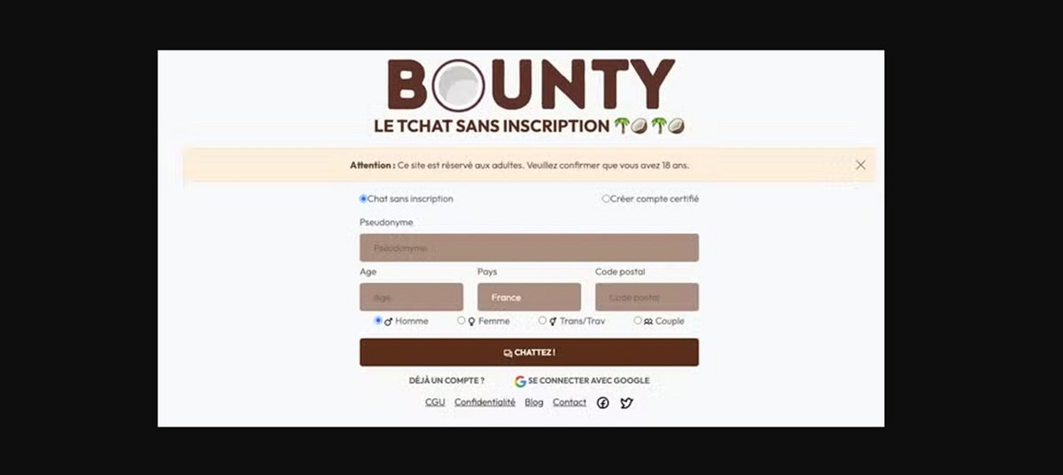 Bounty est un site de chat sans inscription, sans vérification de l'âge, dangereux pour les mineurs, qui diffuse des contenus à caractère pédopornographiques - Capture d'écran © Mélina Loupia pour Clubic
