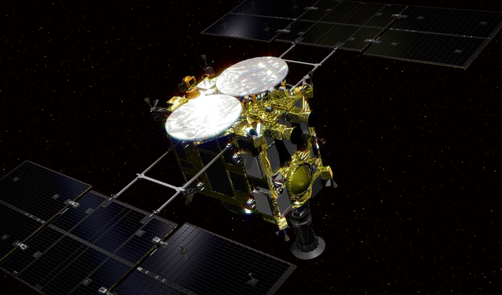 Vue d'artiste de la sonde Hayabusa2. On voit sur le côté la capsule de retour d'échantillons qui est revenue sur Terre aujourd'hui. Crédits ISAS/JAXA