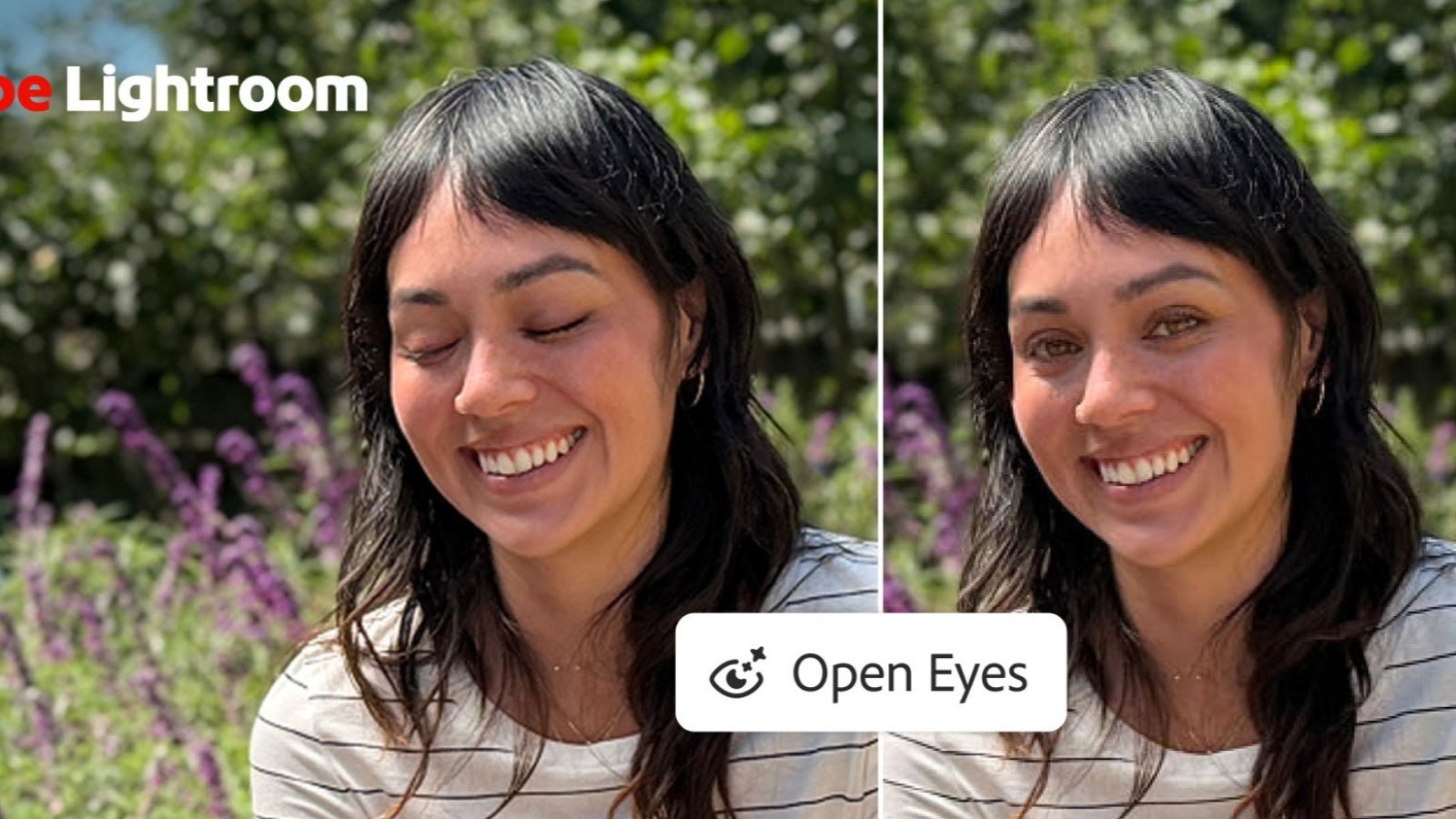 Avec Open Eyes, Lightroom peut rattraper un clignement de paupières sur une photo. Le regard obtenu est toutefois reconstruit par l’IA. ©Adobe