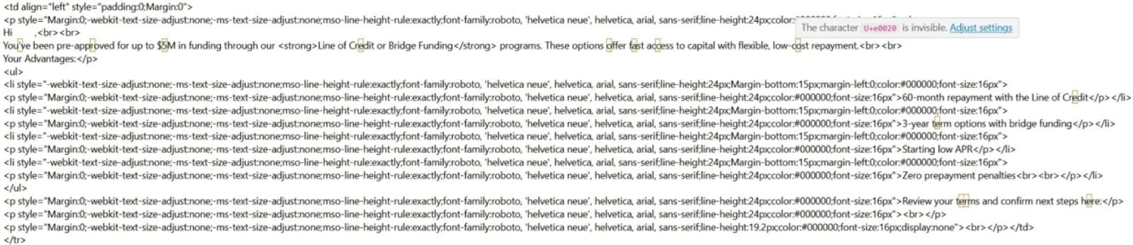 Exemple de code source HTML d'un courriel d'hameçonnage issu de la campagne observée. Les rectangles jaunes mettent en évidence les caractères invisibles des balises Unicode. - ©Microsoft