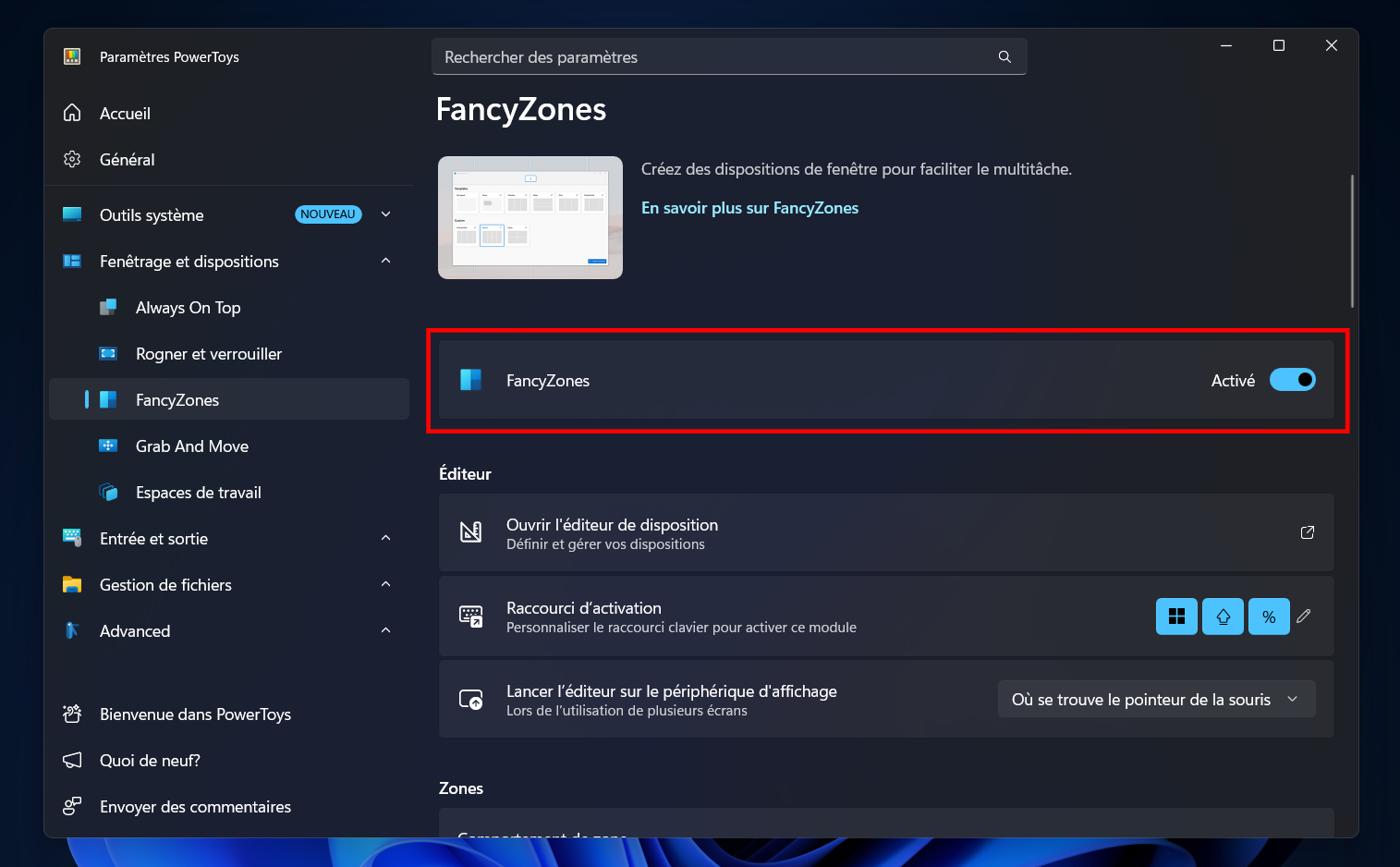 Activez FancyZones. © Clubic