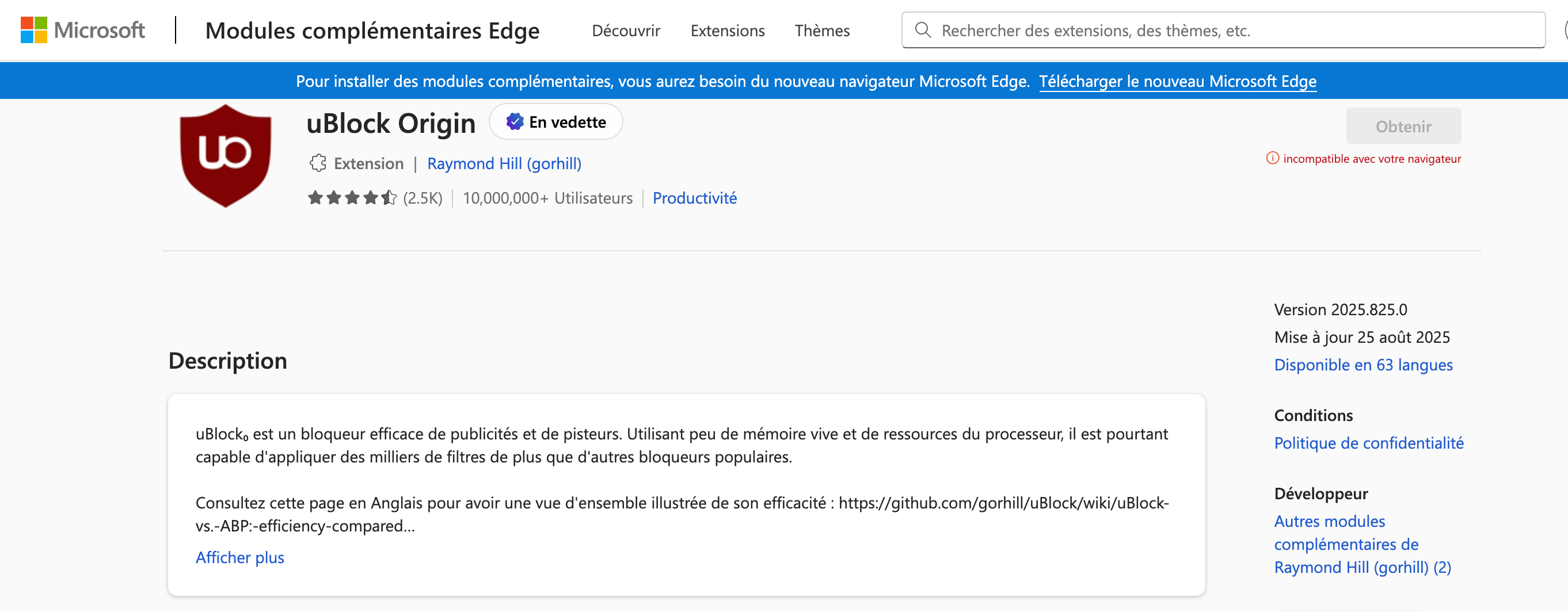 uBlock Origin dans le Edge Add-on store