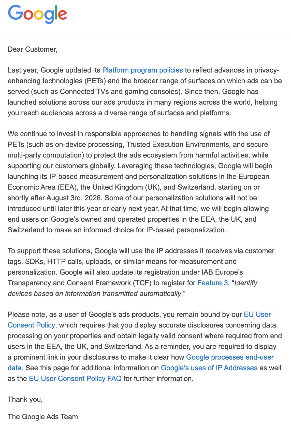 Message de Google Ads envoyés aux annonceurs, expliquant que l'IP des internautes britanniques, suisse et ressortissants de l'UE sera utilisées à des fins de mesure et de personnalisation publicitaire dès l'été prochain. © BleepingComputer