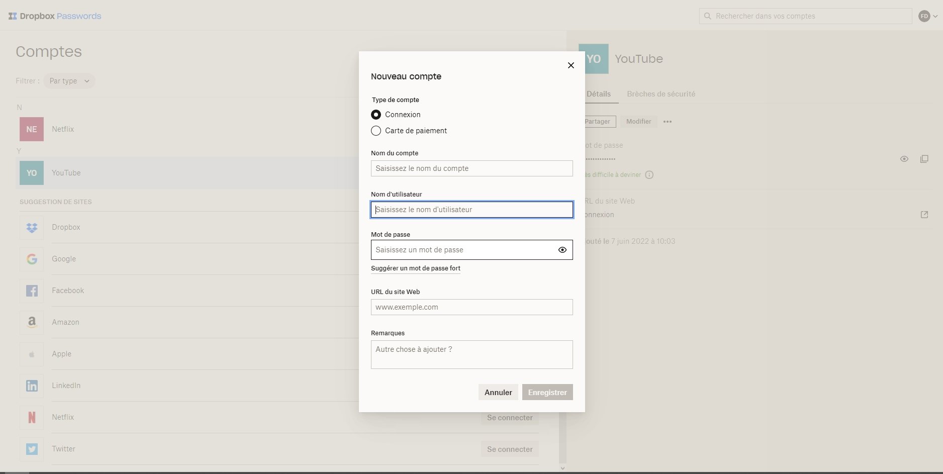 Suggestion d'un mot de passe fort avec Dropbox Passwords