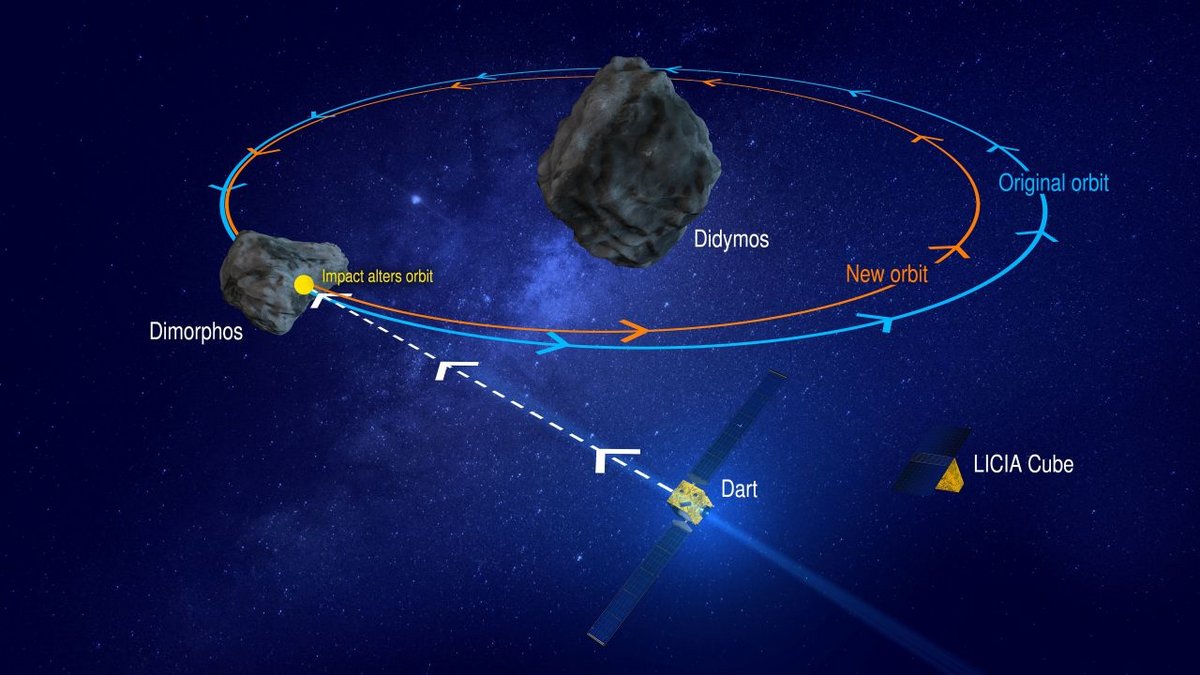 Le graphique montre comment le satellite DART aura un impact sur l'astéroïde DIMORPHOS pour détourner son orbite actuelle - ©Alejo Miranda / Shutterstock