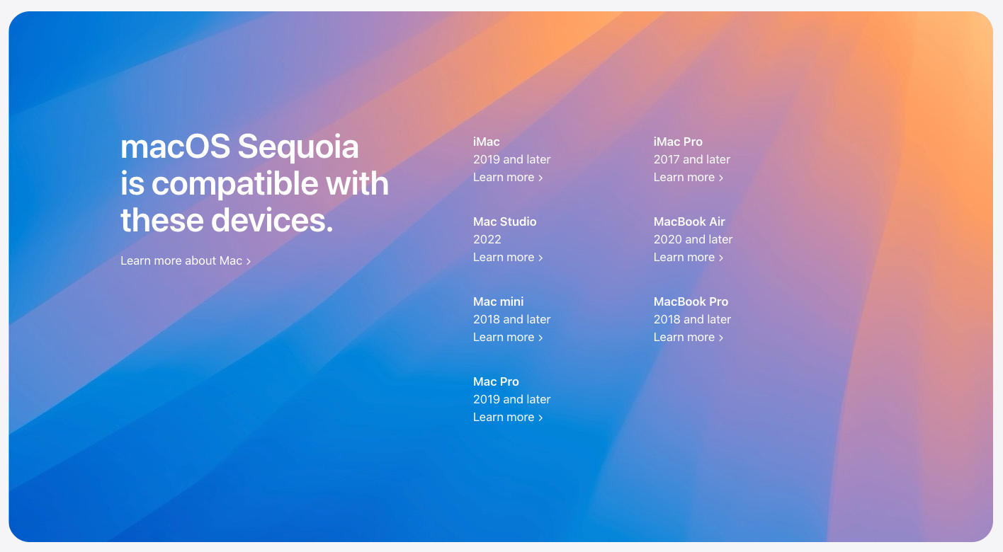 Liste des Mac compatibles avec macOS 15 © Apple