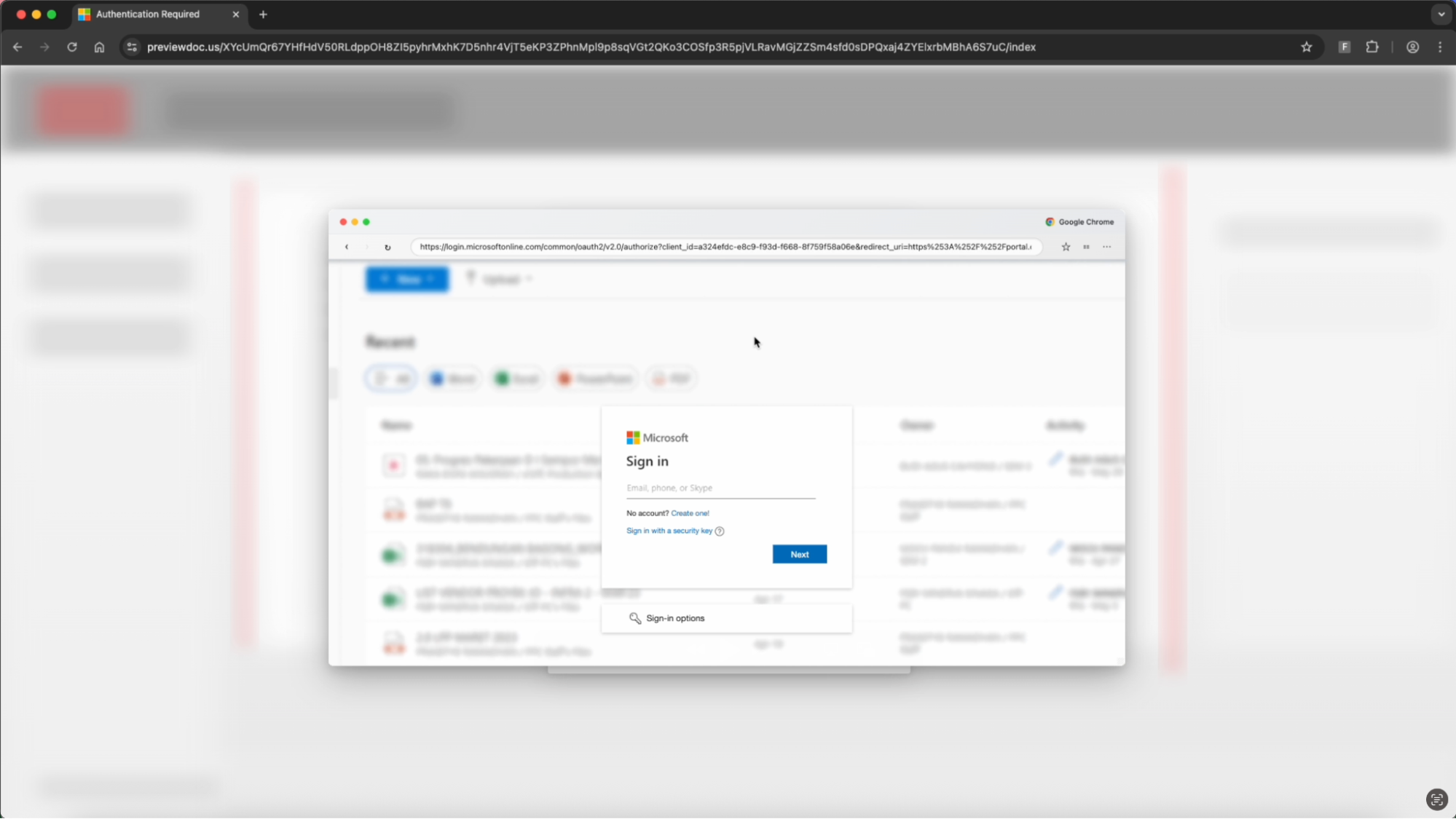 La fausse pop-up affiche bien l'URL de connexion au compte Microsoft, mais c'est en réalité l'adresse contrôlé par les attaquants (ici, dans la fenêtre de navigation principale) qui pilote l'échange entre la victime et l'infrastructure malveillante. © Push Security
